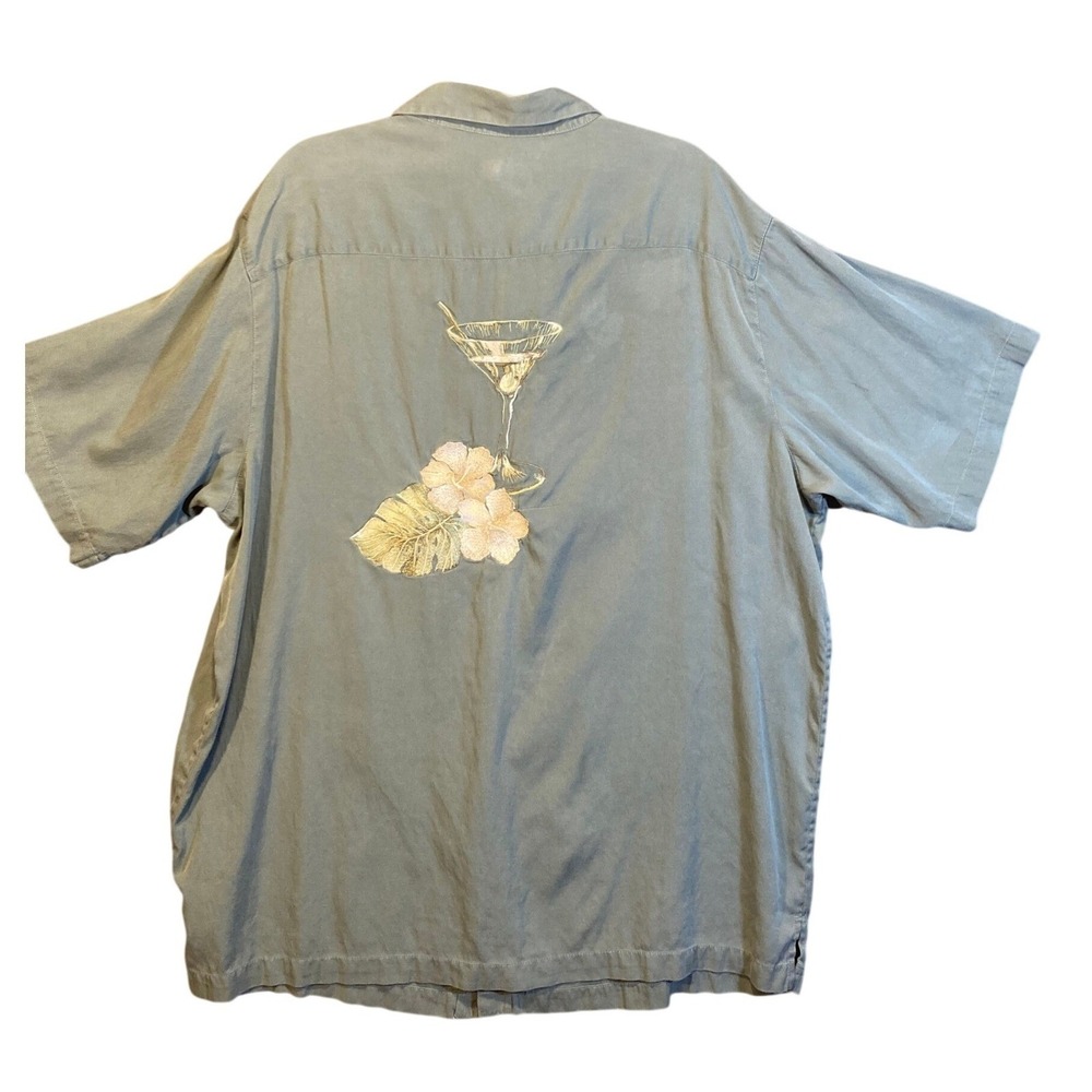 Caribbean Mens Sage Green Martini Hibiscus‎ Embroidered Silk Camp Shirt 2XT